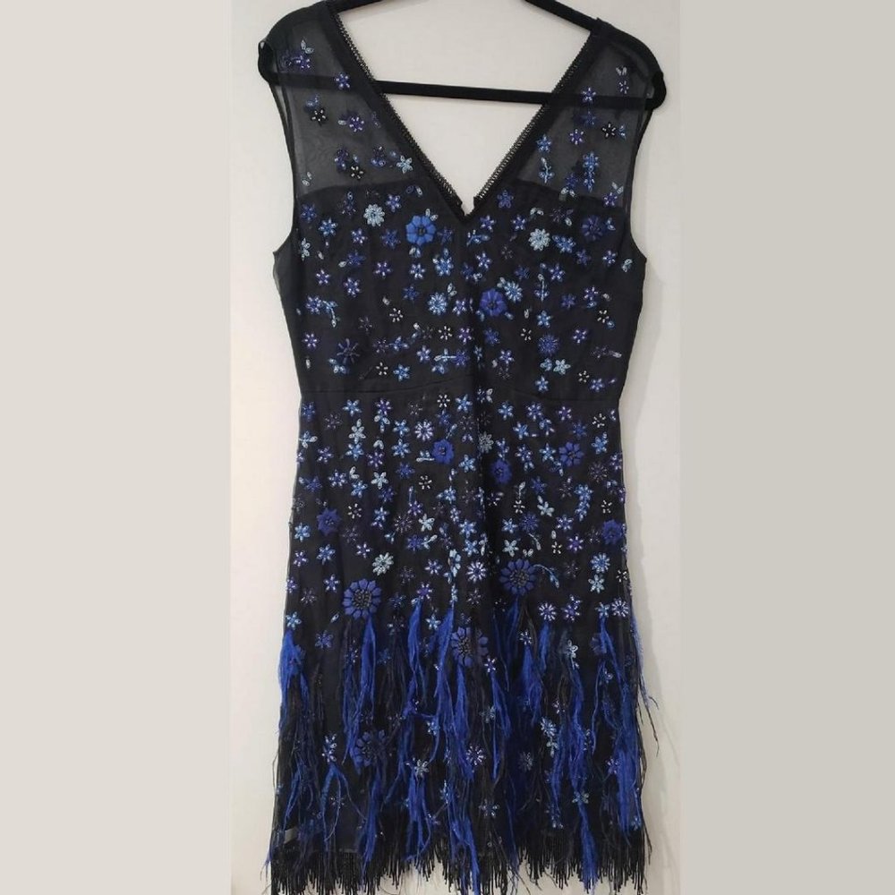 Ellie Tahari Black Dress with Beaded Flowers and Feathers Size 8